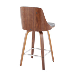 Gianna Mid-Century Modern Fixed-Height Counter Stool with Swivel in Walnut Wood and Grey Faux Leather with Square Chrome Metal Footrest by LumiSource - Set of 2