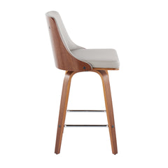 Gianna Mid-Century Modern Fixed-Height Counter Stool with Swivel in Walnut Wood and Light Grey Faux Leather with Square Chrome Metal Footrest by LumiSource - Set of 2