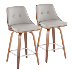 Gianna Mid-Century Modern Fixed-Height Counter Stool with Swivel in Walnut Wood and Light Grey Faux Leather with Square Chrome Metal Footrest by LumiSource - Set of 2