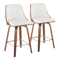 Gianna Mid-Century Modern Fixed-Height Counter Stool with Swivel in Walnut Wood and Light White Faux Leather with Square Chrome Metal Footrest by LumiSource - Set of 2
