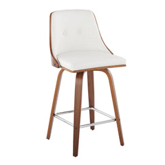 Gianna Mid-Century Modern Fixed-Height Counter Stool with Swivel in Walnut Wood and Light White Faux Leather with Square Chrome Metal Footrest by LumiSource - Set of 2