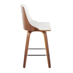 Gianna Mid-Century Modern Fixed-Height Counter Stool with Swivel in Walnut Wood and Light White Faux Leather with Square Chrome Metal Footrest by LumiSource - Set of 2