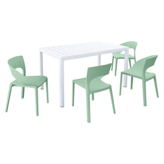 Holiday - Haze Green Polypropylene Single-Side Chair- One-Piece Design for Indoor & Outdoor Use with 55 Inch White Modern Long Table - Indoor/Outdoor- Lightweight PP Tabletop with Metal