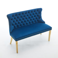 Velvet Double Dining Loveseat Bench, Kitchen & Dining Seating, 2-Seat Tufted Bench w/Handmade Buttons, Wing Back, Gold-Plated Steel Legs, Mid Century Modern,Single Pack,Blue,SW1602BL