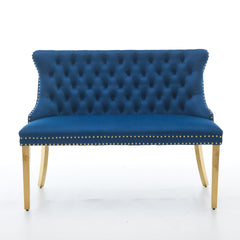 Velvet Double Dining Loveseat Bench, Kitchen & Dining Seating, 2-Seat Tufted Bench w/Handmade Buttons, Wing Back, Gold-Plated Steel Legs, Mid Century Modern,Single Pack,Blue,SW1602BL