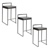 Fuji 26" Contemporary Stackable Counter Stool in Black Metal with Black Faux Leather Cushion by LumiSource - Set of 3