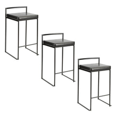 Fuji 26" Contemporary Stackable Counter Stool in Black Metal with Black Faux Leather Cushion by LumiSource - Set of 3