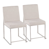 High Back Fuji Contemporary Dining Chair in Brushed Stainless Steel and Beige Fabric by LumiSource - Set of 2