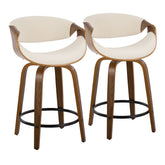 Curvini 24" Mid-Century Modern Fixed-Height Counter Stool with Swivel in Walnut Wood and Cream Fabric with Round Black Metal Footrest by LumiSource - Set of 2