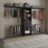 Plego 69"W - 118"W Drawers Closet System, Five Shelves, Four Hanging Rods, Three Drawers Black Wengue