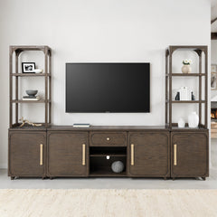 Transitional Style Entertainment Center Left And Right Pier Base Hutch Gold handles And Knob Recessed Panels Dark Walnut Finish