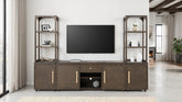 Transitional Style Entertainment Center Left And Right Pier Base Hutch Gold handles And Knob Recessed Panels Dark Walnut Finish