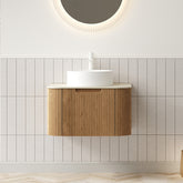 DINA 24" Bathroom Vanity&Sink, Floating Curved Edge Striped Plywood Storage Cabinet with Drawer, White Round Ceramic Basin&Travertine-Pattern Sintered Stone Top, Pre-assembled, Natural Woodgrain Color