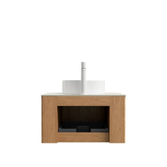 DINA 24" Bathroom Vanity&Sink, Floating Curved Edge Striped Plywood Storage Cabinet with Drawer, White Round Ceramic Basin&Travertine-Pattern Sintered Stone Top, Pre-assembled, Natural Woodgrain Color