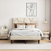 Full Bed Frame, linen storage headboard, strong and stable, no noise, no box spring, Weight 397lbs (Beige)