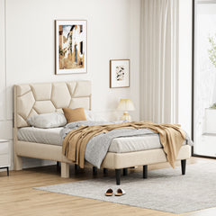 Full Bed Frame, linen storage headboard, strong and stable, no noise, no box spring, Weight 397lbs (Beige)
