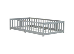 Twin Size Floor Bed with Fence without Door, Rubber Wood Floor Bed with Safety Guardrails,Grey