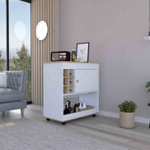 Camelia Bar Cart, Lower Panel, Six Bottle Cubbies, One Cabinet -Light Oak / White