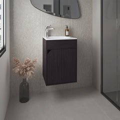 Bethel Floating Wide One-Door Vanity With Resin Sink And Two Shelves, Bathroom Storage, Black