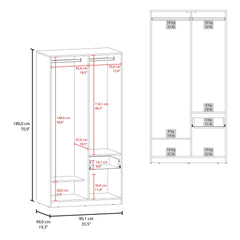 Alder 2-Door One Drawer Amoire with 2 Cabinets, Two Hanging rods and Four Shelves in Matt Gray and Natural Oak