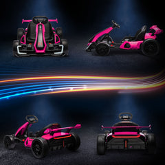 Aosom 24V 7.5 MPH Electric Go Kart with Adjustable Seat, Drifting Car Battery Powered Ride on Toy Outdoor with Slow Start, Button Start, Music, Honking Horn, Lights, for 6-12 Years Old, Pink