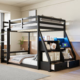 Full Bunk Bed with APP-Controlled LED Lights (7 Colors), USB Ports, Storage Shelves and 2 Drawers, Black