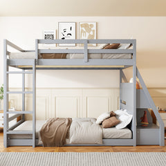 Full Bunk Bed with APP-Controlled LED Lights (7 Colors), USB Ports, Storage Shelves and 2 Drawers,Gray