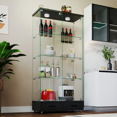 Modern Glass Display Cabinet with 2 Large Drawers , Quick-assembly Antique Cabinet with LED lights, Tempered Glass Bookshelf, 2-Door Storage Case with 4 Shelves for Living Room and Bedroom, black