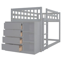 Twin over Twin Bunk Bed with 4 Drawers and 3 Shelves-Gray