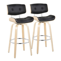 Lombardi 30" Mid-Century Modern Fixed-Height Barstool with Swivel in Natural Wood and Black Faux Leather with Round Chrome Metal Footrest by LumiSource - Set of 2