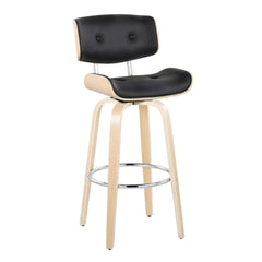 Lombardi 30" Mid-Century Modern Fixed-Height Barstool with Swivel in Natural Wood and Black Faux Leather with Round Chrome Metal Footrest by LumiSource - Set of 2