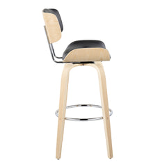 Lombardi 30" Mid-Century Modern Fixed-Height Barstool with Swivel in Natural Wood and Black Faux Leather with Round Chrome Metal Footrest by LumiSource - Set of 2