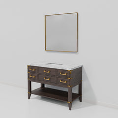 Brown Oak Single Bath Vanity 48 in. W x 22 in. D, Carrara Marble Top, and 46 in. Mirror