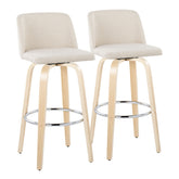 Toriano 30" Contemporary Fixed-Height Barstool with Swivel in Natural Wood and Cream Noise Fabric with Round Chrome Metal Footrest by LumiSource - Set of 2