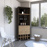 Fraktal Corner Bar Cabinet, Ten Built-in Wine Rack, Two Shelves, Double Door Dark Oak / Pine