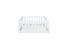Twin Size Floor Bed with Fence without Door, Rubber Wood Floor Bed with Safety Guardrails,White