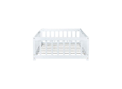 Twin Size Floor Bed with Fence without Door, Rubber Wood Floor Bed with Safety Guardrails,White