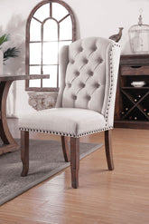 Contemporary Ivory / Beige Fabric 2pcs Side Chairs Tufted Wingback Design Rustic Oak Solidwood Back Dining Chairs Furniture