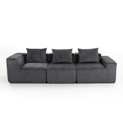 Modular Corduroy Sectional Sofa, 3-Seat All-Foam Compressed Couch, Deep Seating Low-Profile, Dark Gray, 111.4" W x 40.7" D x 23.6" H. 33005-3