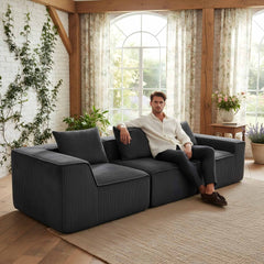 Modular Corduroy Sectional Sofa, 3-Seat All-Foam Compressed Couch, Deep Seating Low-Profile, Dark Gray, 111.4" W x 40.7" D x 23.6" H. 33005-3