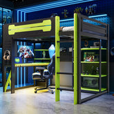 Full Size Wood Loft Bed with Desk, Shelves, Power Outlet & USB/Type-C Ports, , and RGB Light, Black+Green