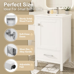 20-Inch Modern Bathroom Vanity with Ceramic Sink, Soft-Close Drawer & Door, Double-Layer Door Organizer, Divider Drawer, Adjustable Foot Pads – Space-Saving Storage Design