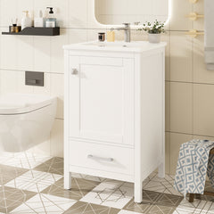 20-Inch Modern Bathroom Vanity with Ceramic Sink, Soft-Close Drawer & Door, Double-Layer Door Organizer, Divider Drawer, Adjustable Foot Pads – Space-Saving Storage Design