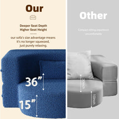 Modern Floor Sofa with 2 Pillows,Convertible Teddy Fabric Foam-Filled Sleeper Sofa Bed,15" Full Size Folding Mattress for Living Room,Guest Bed,Playroom,no assembly required,Blue