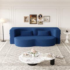 Modern Floor Sofa with 2 Pillows,Convertible Teddy Fabric Foam-Filled Sleeper Sofa Bed,15" Full Size Folding Mattress for Living Room,Guest Bed,Playroom,no assembly required,Blue