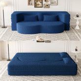 Modern Floor Sofa with 2 Pillows,Convertible Teddy Fabric Foam-Filled Sleeper Sofa Bed,15" Full Size Folding Mattress for Living Room,Guest Bed,Playroom,no assembly required,Blue