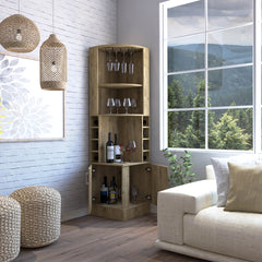 Syrah Corner Bar Cabinet, Eight Bottle Cubbies, Double Door, Two Open Shelves Macadamia