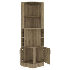 Syrah Corner Bar Cabinet, Eight Bottle Cubbies, Double Door, Two Open Shelves Macadamia