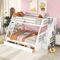 Twin-Over-Full Bunk Bed with Drawers,Ladder and Storage Staircase, White