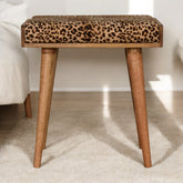 Solid Wood Leopard Velvet Upholstered Tray Style Footstool, Brown and Black